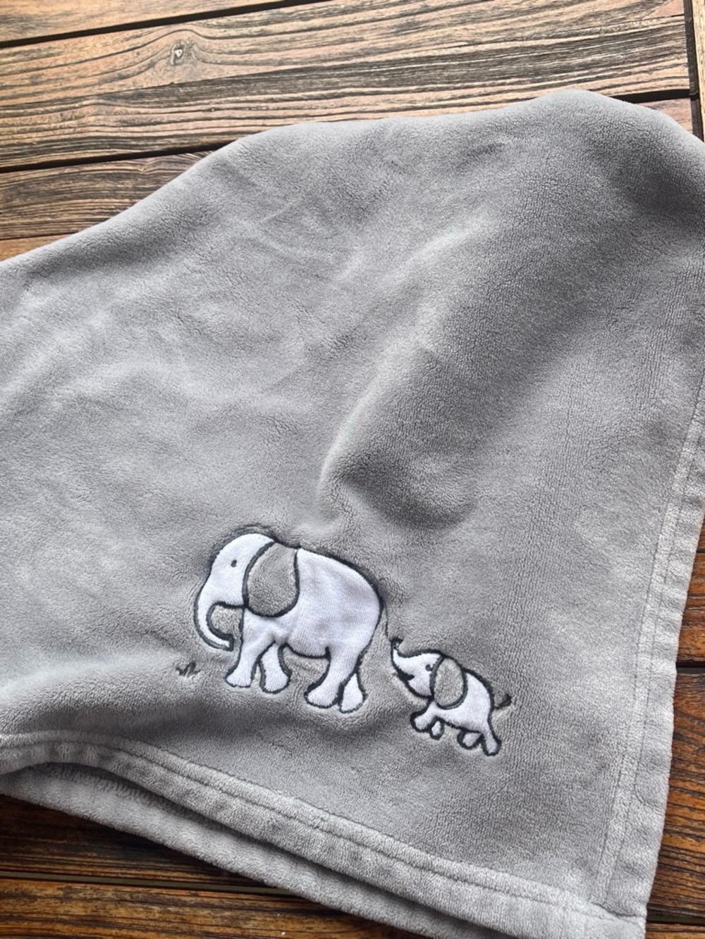 Cloud Island Gray Baby Blanket with Elephant Embroidery